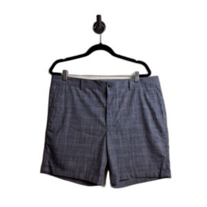 Club Monaco Baxter Fit Men’s Shorts Gray Blue Plaid 36 7” Inseam Flat Front